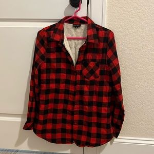 Medium red and black plaid fleece lined button up.